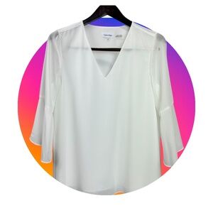 Calvin Klein Flowy White Chiffon Blouse V-neck Top 3/4 Tulip Sleeves Small